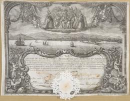 ACCIÓN DE 250 PESOS. REAL COMPAÑÍA DEL COMERCIO DE BARCELONA. 1758 Grabado 29 cm.x39 cm.
