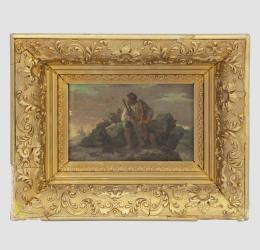 ATRIBUIDO A ANTONI DE FERRER CORRIOL (Vic, Barcelona, 1844-Barcelona, 1909) CAZADOR DESCANSANDO SOBRE UNA PIEDRA. Óleo sobre tabla 12,50 cm. x18,50 cm.