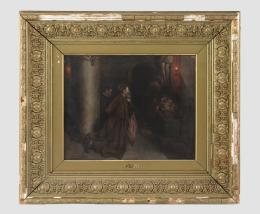 LUIS GRANER (1863-1929). Pintor catalán. MONJES REZANDO A LOS PIES DE UN CRISTO CRUCIFICADO Óleo sobre lienzo 45 x 55cm. 45x55 cm.