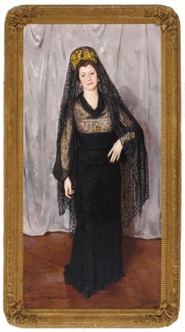 EDUARDO CHICHARRO (1905 - 1964). Pintor madrileño RETRATO DE DAMA CON MANTILLA, 1938 Óleo sobre lienzo de 217 x 110 cm.