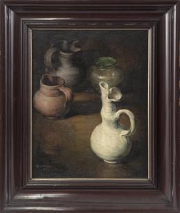 RAFAEL PELLICER (Madrid 1906-1963) Bodegon con jarras de barro Óleo sobre lienzo 41 cm. x33 cm.