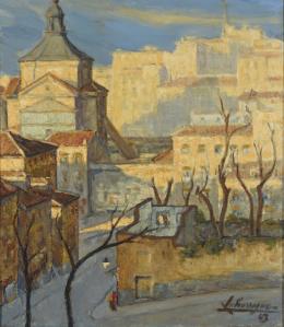 TEODORO LAHARRAGUE (1900-1973) Pintor argentino PLAZA DE LA PAJA, 1943 Óleo sobre lienzo de 75 x 68 cm. 75 x68