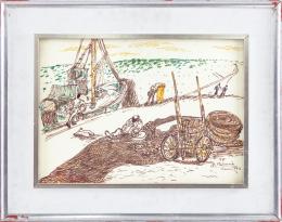 BENJAMIN PALENCIA (1894-1980) Pintor albaceteño ALTEA, COSIENDO LAS REDES Rotuladores sobre papel 57 cm.x73 cm.