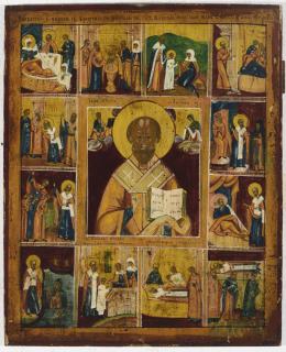 ICONO RUSO SIGLO XVIII San Nicolás y escenas de la Vida del Santo
