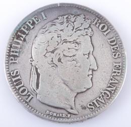 MONEDA DE PLATA DE 5 FRANCOS, 1832 Realizada en plata. Una moneda de 5 francos, Luis Felipe I, Francia, 1832, (KM# 749). Canto grabado´: 'DIEU PROTEGE LA FRANCE'. Marcas: DOMARD.F./K (Burdeos). Diámetro (mm):37, Espesor (mm): 2.5.