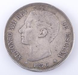 MONEDA DE PLATA DE 5 PESETAS, 1876 Realizada en plata. Una moneda de 5 pesetas, España, 1876 Alfonso XII, (KM#671). Canto grabado: ' *LIBERTAD* *JUSTICIA*'. Marcas: D·E·M·, Ceca: Madrid. Diámetro (mm):37, Espesor (mm): 2.