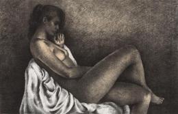 LLUISA SALLENT( Villa de Ripollet , 1934) DESNUDO FEMENINO Litografía iluminada adherida a cristal 51 cm.x73 cm.