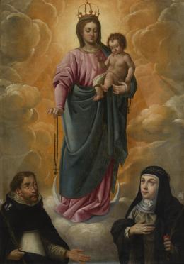 ESCUELA ESPAÑOLA HACIA 1640 La virgen entrega el Rosario a Santo Domingo y a Santa Catalina de Siena