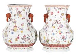 JARRONES DE PORCELANA ESMALTADA FAMILIA ROSA, CHINA, SIGLO XIX
