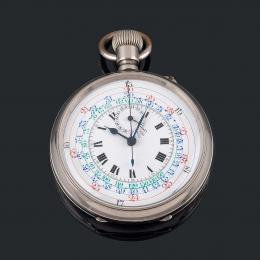 RELOJ CRONÓGRAFO Realizado en níquel. Maquinaria firmada "THE WALRUS REGISTERED". Esfera de porcelana blanca con numeración romana para las horas y arábiga para lo minutos. Minutero hasta treinta minutos, a las doce. Sistema remontoir. Diámetro: 63 mm. En