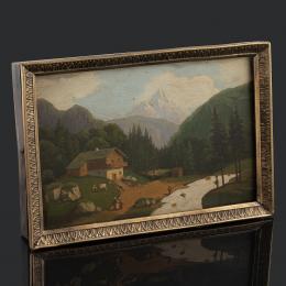 AUTÓMATA ERÓTICO FINALES S.XIX Cuadro de sobremesa en marco de latón con paisaje campesino pintado al óleo en cuya parte trasera se abre una ventana y se visualiza una escena pornogáfica. Movimiento de cuerda- llave (se adjunta llave). En estado de marcha