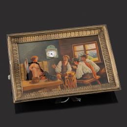 RELOJ ERÓTICO DE SOBREMESA FINALES S.XIX Marco realizado en latón y centro pintado a mano con una ventana que se abre y muetra una escena erótica. Reloj con esfera en blanco y numeración romana. Movimiento de cuerda- llave (se adjunta llave). Medidas: 13,