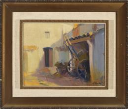 JOAQUIN MIR Y TRINXET (1873-1940) Pintor catalán PATIO DE UNA MASIA CON CARRO, SITGES Óleo sobre lienzo 36 cm.x46,50 cm.