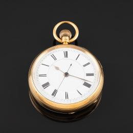 RELOJ CHRONO DE BOLSILLO INGLÉS, S.XIX Realizado en oro amarillo de 18 kt. Tapa e interior de guardapolvo contrastado  y nº 80147. Guardapolvo con dedicatoria del Club Stayley Ward a George W.Wilkinson por 12 años de servicio como secretario, fechado 5 se