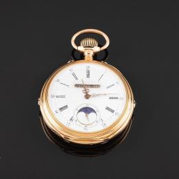 RELOJ LEPINE DE BOLSILLO CON FASE LUNAR Y CALENDARIO, S.XIX Realizado en oro amarillo de 18 kt. Tapa inferior con deoración guilloche e iniciales "J E" en esmalte negro. Esfera (restaurada) en porcelana blanca con numeración romana para las horas y arábig
