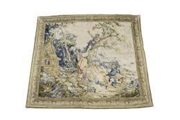 ESCENA PASTORIL, SARGA ESTAMPADA SIGUIENDO MODELOS DE AUBUSSON DEL SIGLO XVIII, FRANCIA, S.XX