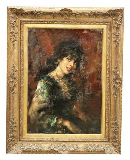 ARTURO RIETTI (1863 – 1943). Pintor italiano. RETRATO DE UNA GITANA Óleo sobre lienzo 60 cm. x40 cm.