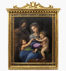 SAGRADA FAMILIA CON SAN JUANITO O VIRGEN DE LA ROSA, COPIA DEL ORIGINAL DE RAFAEL (1483 – 1520). Pintor italiano