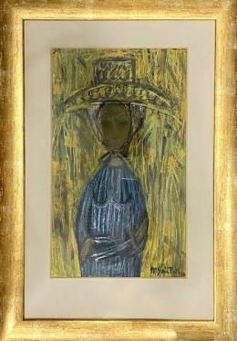 MERCEDES SOFÍA PINTO (1940-1982) MUJER LLEVANDO UN SOMBRERO. Ceras sobre papel 44 cm. x26 cm.