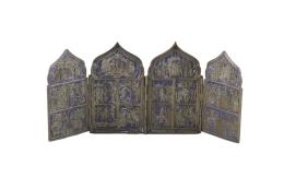 POLÍPTICO DE BRONCE DORADO Y PARCIALMENTE ESMALTADO, S.XIX