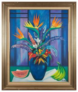 HERMANN KÖNIG (1929) Pintor y escultor alemán 
BODEGÓN CON JARRÓN, SANDÍA Y PLÁTANOS.