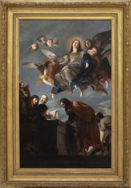 LA ASUNCIÓN DE LA VIRGEN, COPIA DEL ORIGINAL DE JUAN MARTÍN CABEZALERO (Almadén 1634 - Madrid 1673), s. XIX. Óleo sobre lienzo 150 cm. x105 cm.