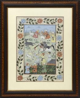 TEJIDO DE SEDA BLANCA PINTADA CON ESCENA DE CACERÍA CON UNA CENEFA DE FLORES EN TONOS AZULES Y ANARANJADOS