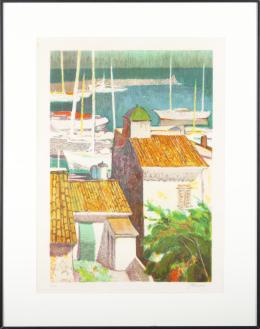 PASCUAL BUENO FERRER (Barcelona, 1930) CASAS EN EL PUERTO Serigrafía de 72 x 53 cm. 90,60 cm. x70,50 cm.