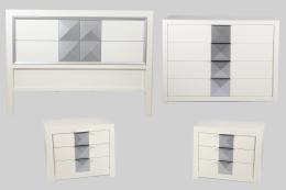 DORMITORIO CONTEMPORÁNEO DE MADERA LACADA EN BLANCO Y RESALTE CENTRAL EN COLOR PLATA.