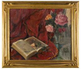 JESÚS ASENSIO IBÁÑEZ (1866- 1945) Pintor vallisoletano BODEGÓN CON ROSAS Y LIBROS Óleo sobre lienzo de 44 x 54 cm. 45x54