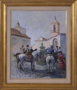 DESCANSO EN LA FUENTE, FIRMADO C. ALEGRE Óleo sobre lienzo de 61 x 50cm