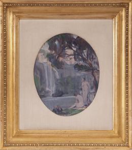 JEAN ARNAVIELLE (1881 - 1961) Pintor parisino Pintor parisino BAÑISTAS Óleo sobre tabla ovalada de 70 x 62cm.