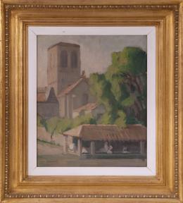 JEAN ARNAVIELLE (1881 - 1961) Pintor parisino Pintor parisino IGLESIA JUNTO AL RÍO Óleo sobre tabla de 46 x 38,9cm.