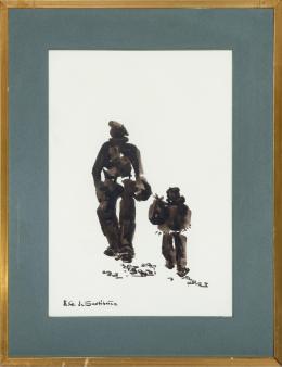 ELADIO Gª DE SANTIBAÑEZ (1936) Pintor burgalés PADRE E HIJO CAMPESINOS Tinta sobre papel de 48 x 34cm.