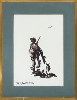 ELADIO Gª DE SANTIBAÑEZ (1936) Pintor burgalés CAZADOR Tinta sobre papel de 48 x 34cm.