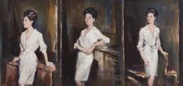 JUÁN ANTONIO MORALES (1909-1984) Pintor vallisoletano RETRATO DE MUJER DISPUESTO A MODO DE TRÍPTICO Óleo sobre tabla 37 cm. x79 cm.