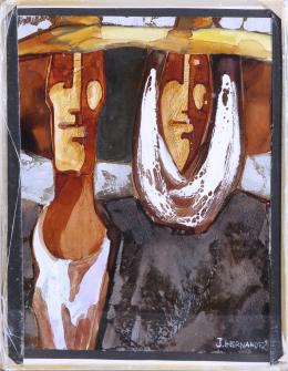 JUAN HERNANDEZ (1956-1988) Pintor canario PAREJA DE CAMPESINOS CANARIOS Técnica mixta sobre papel 30 cm.x22 cm.