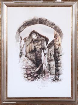 RAFAEL REQUENA (1932 - 2003) Pintor albaceteño CALLE DE PUEBLO. Acuarela y carboncillo sobre papel 79 cm.x59 cm.