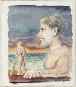 GUILLERMO PEREZ VILLALTA (1948) Pintor Tarifeño HÉRCULES Y EL ESFINGE Acuarela sobre papel 60 cm. x53,50 cm.