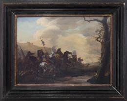 PHILIPS WOUWERMAN (1619-1668) Pintor Neerlandés ESCENA DE BATALLA (BATTLE SCENE) Óleo sobre tabla 32 cm.x45 cm.