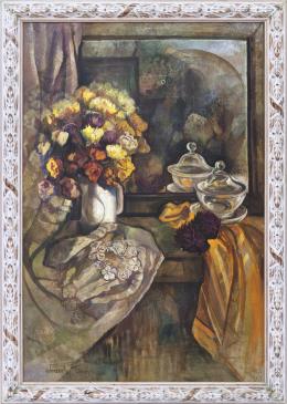 ADELINA VALENZUELA TAMAYO (1945) Pintora jienense JARRÓN CON FLORES Y BOMBONERA Óleo sobre tabla 135 cm.x92 cm.