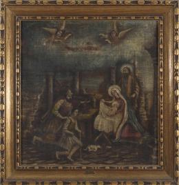ESCUELA ESPAÑOLA SIGLO XVIII ADORACIÓN DE LOS PASTORES Óleo sobre arpillera 63 cm.x60 cm.