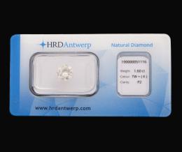 DIAMANTE DE 1.60 CT CON CERTIFICADO HRD Diamante sin engastar en talla brillante con unos valores estimados de color y pureza de Ky P2, respectivamente, y un peso aproximado de 1.60 ct. Se entrega con certificado HRD nº 190000051116.