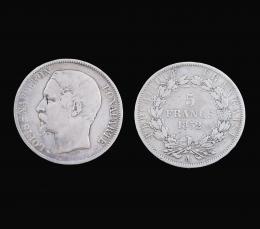 MONEDA DE PLATA DE 5 FRANCOS, 1852, FRANCIA. EMPERADOR LOUIS-NAPOLEON BONAPARTE Moneda francesa de plata de 900 mm, acuñada en 1852, correspondiente al período del Emperador Napoleón III (1852-1870). Diámetro: 37 mm. Grosor: 2.35 mm. Anverso: BARRE / LOUI