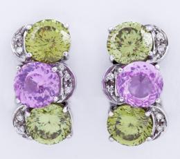 PENDIENTES EN ORO 18 KT, ZAFIROS ROSAS, PERIDOTOS Y DIAMANTES