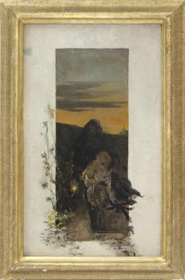 NICOLAS ALPERÍZ (1865-1928) Pintor sevillano BOCETO DE DOS PERSONAJES CON CANDIL Óleo sobre tabla. 57 cm.x39 cm.