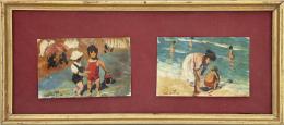 CECILIO PLA Y GALLARDO (1860 - 1934). Pintor valenciano NIÑOS EN LA PLAYA Pareja de óleos sobre papel 19 cm.x42 cm.