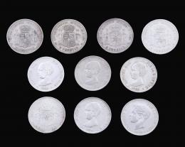 LOTE DE DIEZ MONEDAS DE AMADEO I, ALFONSO XII Y ALFONSO XIII EN PLATA Formado por 2 monedas de Amadeo I, 3 monedas de Alfonso XII y 5 monedas de Alfonso XIII, todas en plata, con un peso total de 248,20 gr.
