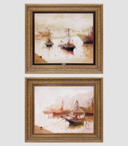 ANTONIO SEGRELLES (1946) Pintor español MARINAS CON VELEROS Dos óleos sobre lienzo 90 cm. x104 cm.