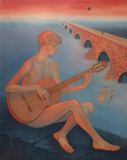 Margaret Marley Modlin (Carolina del norte 1927-Madrid 1998) Nelson tocando la guitarra Óleo sobre lienzo 148 cm. x116 cm.